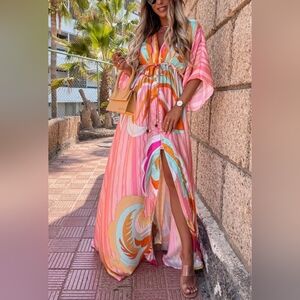 Beachy Long Mult-Colored Batwing Dress Worn Once!